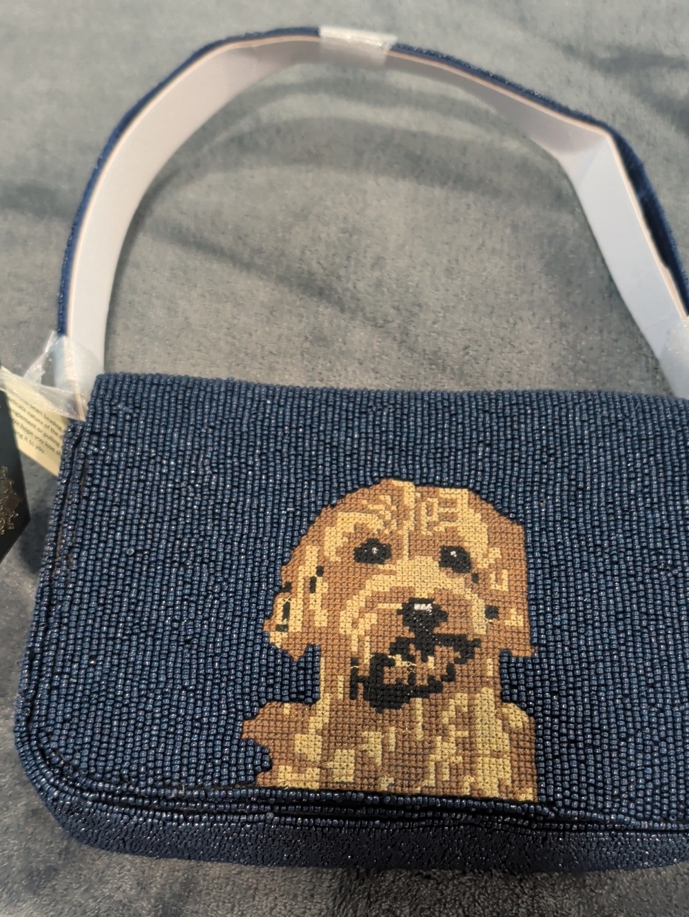 Blue Beaded Dog Crossbody Bag with Golden Dog Motif